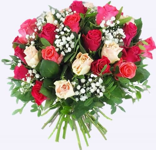 Bouquet de roses multicolores à dominantes rose, rouge et blanc